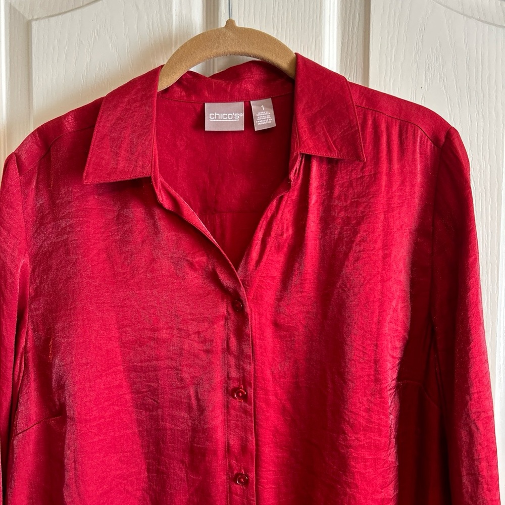 Chico’s Silk Red Shimmer Solid Button Up Blouse S… - image 3